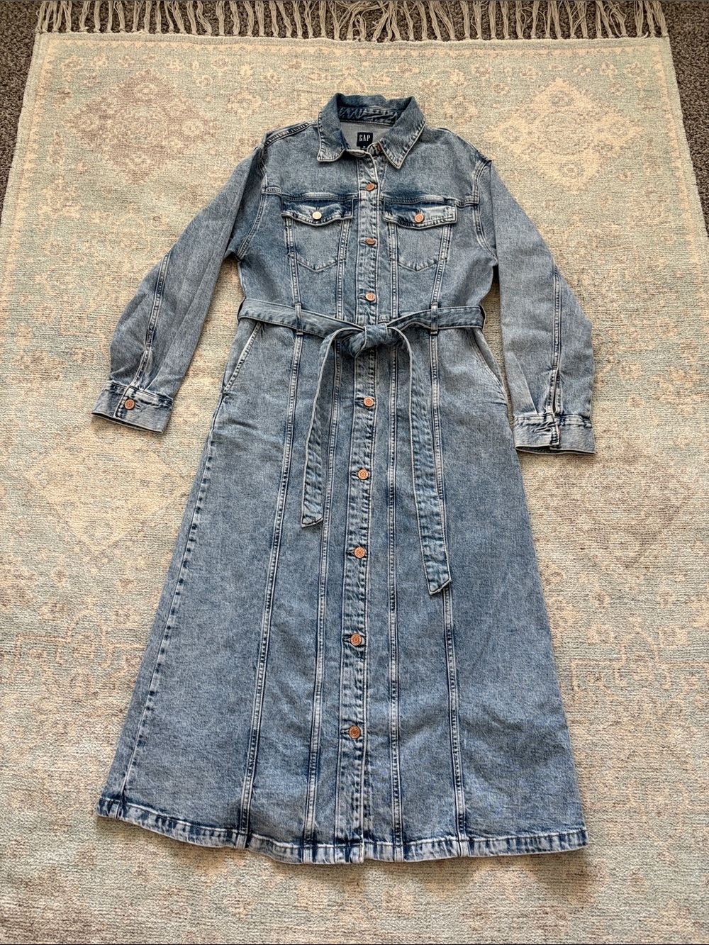 GAP Light Blue Denim Button-Front Maxi Dress with Tie Waist